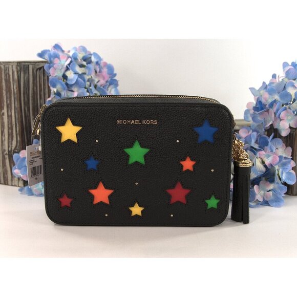 Michael Kors Handbags - Michael Kors Black Leather Rainbow Star Cut Out Ginny Camera Crossbody NWT